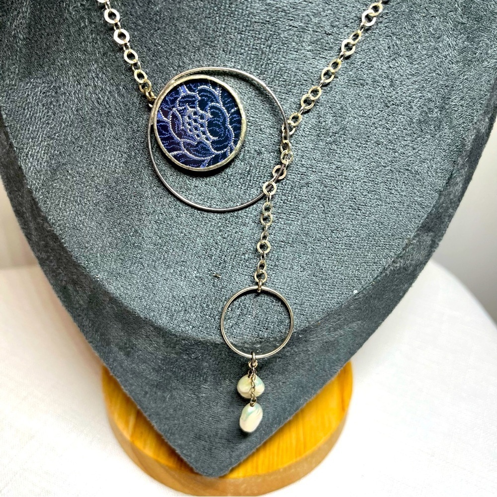 Sterling Silver necklace w Blue silk fabric Pendant & white pearls
Handmade